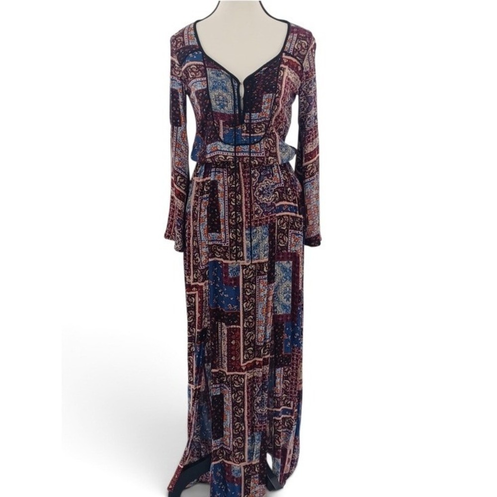 American Eagle Maxi Dress Women XXS Multi Color Patchwork Bell Sleeve Boho Slit